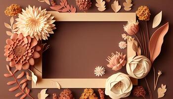 illustration of fall flower frame on pastel brown background copy space flat lay mock up photo