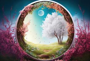 illustration of beautiful enchanted landscape. Magic meadow with spring blooming trees. Round frame with copy space in the middle . Fantasy garden background photo