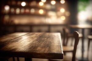 illustration of blurred background of a cafe or restaurant features an empty wooden table photo