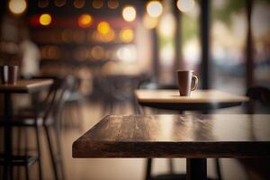 illustration of blurred background of a cafe or restaurant features an empty wooden table photo