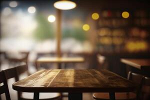 illustration of blurred background of a cafe or restaurant features an empty wooden table photo