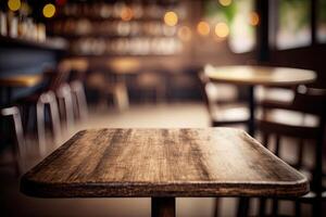 illustration of blurred background of a cafe or restaurant features an empty wooden table photo