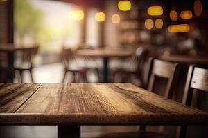 illustration of blurred background of a cafe or restaurant features an empty wooden table photo