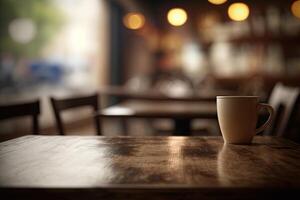 illustration of blurred background of a cafe or restaurant features an empty wooden table photo