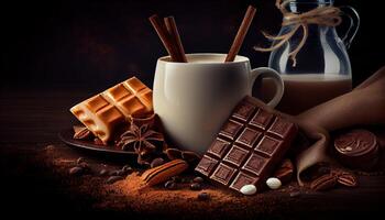 illustration of Cinnamon, Dark chocolate with milk and candy sweet, copy space, selective focus photo