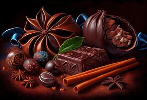 illustration of Cinnamon, Dark chocolate with milk and candy sweet, copy space, selective focus photo