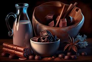 generativo ai ilustración de canela, oscuro chocolate con Leche y caramelo dulce, Copiar espacio, selectivo atención foto