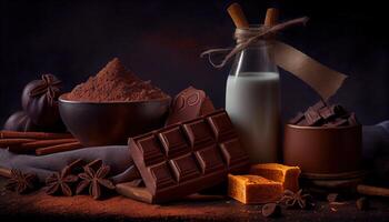 illustration of Cinnamon, Dark chocolate with milk and candy sweet, copy space, selective focus photo