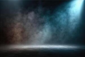 illustration of black wall texture rough background dark concrete floor. Abstract dark blue background, smoke, smog. Empty dark scene, neon light, spotlights. Concrete floor photo