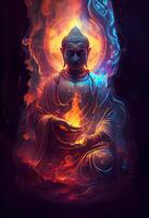 illustration of buddha, aura of energy, surreal fantasy, light flashing, beautiful light spectrum, bright white lotus flower, burning cloud-like petals, seawater. photo