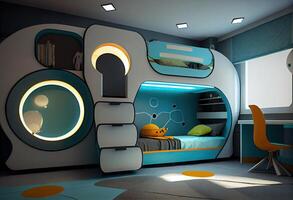 generativo ai ilustración de futurista interior diseño, diseño un dormitorio para dos niños, con un litera cama. foto