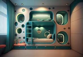 generativo ai ilustración de futurista interior diseño, diseño un dormitorio para dos niños, con un litera cama. foto