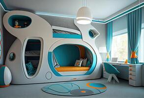 generativo ai ilustración de futurista interior diseño, diseño un dormitorio para dos niños, con un litera cama. foto