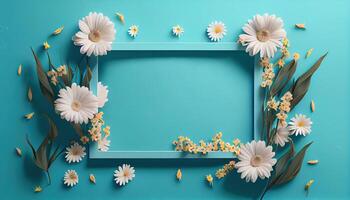 illustration of spring flower frame on blue and cyan background copy space flat lay mock up photo