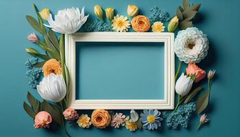 illustration of spring flower frame on blue and cyan background copy space flat lay mock up photo