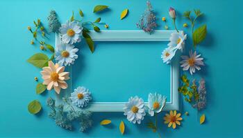 Generative AI illustration of spring flower frame on blue and cyan background copy space flat lay mock up photo