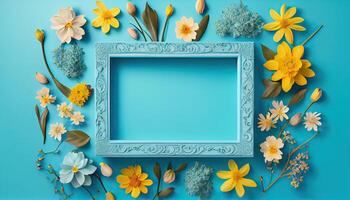generativo ai ilustración de primavera flor marco en azul y cian antecedentes Copiar espacio plano laico burlarse de arriba foto