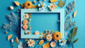illustration of spring flower frame on blue and cyan background copy space flat lay mock up photo