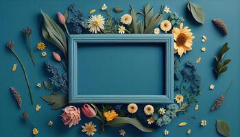 illustration of spring flower frame on blue and cyan background copy space flat lay mock up photo