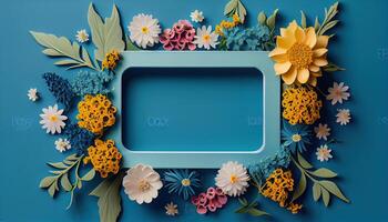 illustration of spring flower frame on blue and cyan background copy space flat lay mock up photo