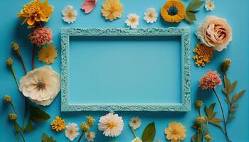 illustration of spring flower frame on blue and cyan background copy space flat lay mock up photo