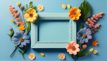 illustration of spring flower frame on blue and cyan background copy space flat lay mock up photo