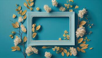 illustration of spring flower frame on blue and cyan background copy space flat lay mock up photo