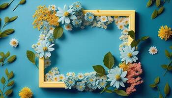 illustration of spring flower frame on blue and cyan background copy space flat lay mock up photo