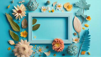 illustration of spring flower frame on blue and cyan background copy space flat lay mock up photo