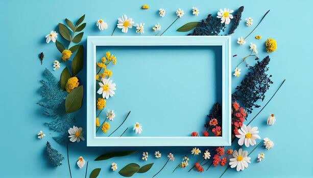 generativo ai ilustración de primavera flor marco en azul y cian antecedentes Copiar espacio plano laico burlarse de arriba foto