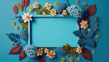 illustration of spring flower frame on blue and cyan background copy space flat lay mock up photo