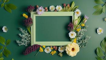 generativo ai ilustración de primavera flor marco en verde antecedentes Copiar espacio plano laico burlarse de arriba foto