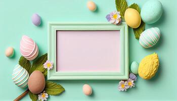 illustration of easter eggs frame on pastel background copy space flat lay mock up photo