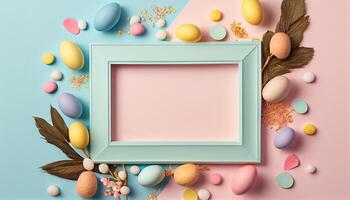 illustration of easter eggs frame on pastel background copy space flat lay mock up photo