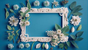 Generative AI illustration of spring flower frame on blue and cyan background copy space flat lay mock up photo