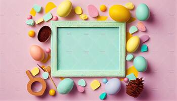 illustration of easter eggs frame on pastel background copy space flat lay mock up photo