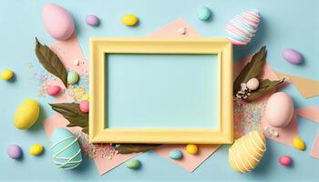 illustration of easter eggs frame on pastel background copy space flat lay mock up photo