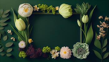 illustration of spring flower frame on green background copy space flat lay mock up photo
