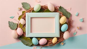 illustration of easter eggs frame on pastel background copy space flat lay mock up photo