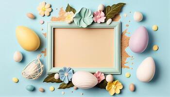 illustration of easter eggs frame on pastel background copy space flat lay mock up photo