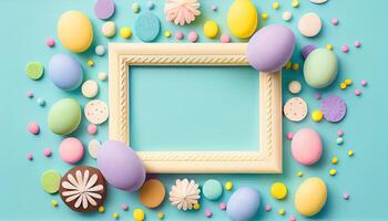 illustration of easter eggs frame on pastel background copy space flat lay mock up photo