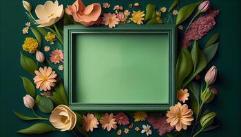 illustration of spring flower frame on green background copy space flat lay mock up photo