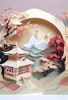 illustration of Chinese nature and landscape on solid background, auspicious clouds, ravine stream, mountain range, many houses and ancient buildings, multi dimensional paper quilling photo