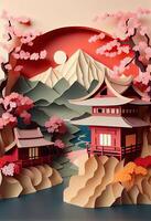 illustration of Chinese nature and landscape on solid background, auspicious clouds, ravine stream, mountain range, many houses and ancient buildings, multi dimensional paper quilling photo