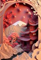 illustration of Chinese nature and landscape on solid background, auspicious clouds, ravine stream, mountain range, many houses and ancient buildings, multi dimensional paper quilling photo