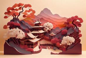 illustration of Chinese nature and landscape on solid background, auspicious clouds, ravine stream, mountain range, many houses and ancient buildings, multi dimensional paper quilling photo