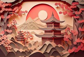 illustration of Chinese nature and landscape on solid background, auspicious clouds, ravine stream, mountain range, many houses and ancient buildings, multi dimensional paper quilling photo