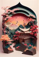 illustration of Chinese nature and landscape on solid background, auspicious clouds, ravine stream, mountain range, many houses and ancient buildings, multi dimensional paper quilling photo