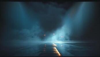 illustration of black wall texture rough background dark concrete floor. Abstract dark blue background, smoke, smog. Empty dark scene, neon light, spotlights. Concrete floor photo