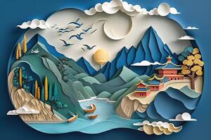 illustration of Chinese nature and landscape on solid background, auspicious clouds, ravine stream, mountain range, many houses and ancient buildings, multi dimensional paper quilling photo